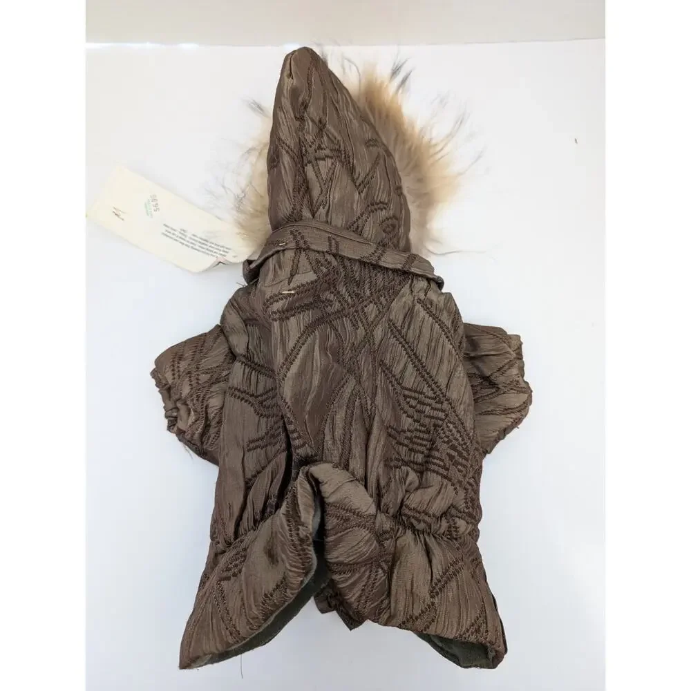 DNY Quilted Dog Coat with Fur Trim Hood Brown Textured Winter Jacket Small Breed